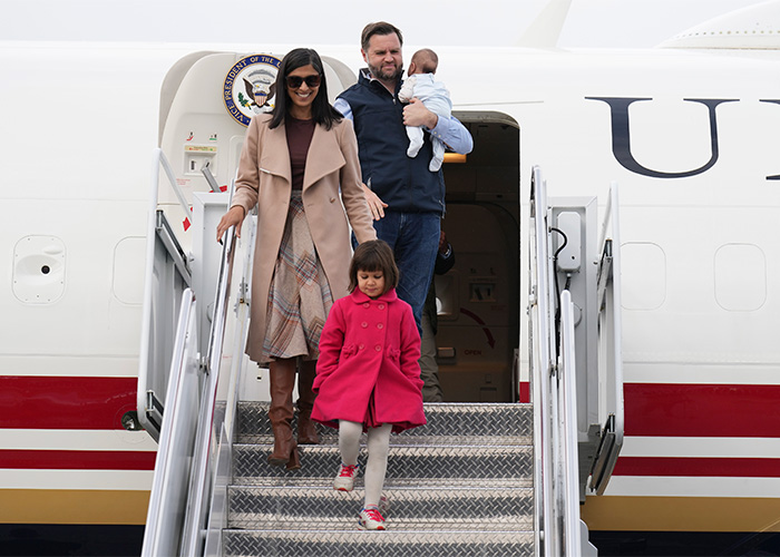 Second Lady Usha Vance and husband JD Vance step off an airplane with their kids. Second Lady Usha Vance and husband JD Vance step off an airplane with their kids.