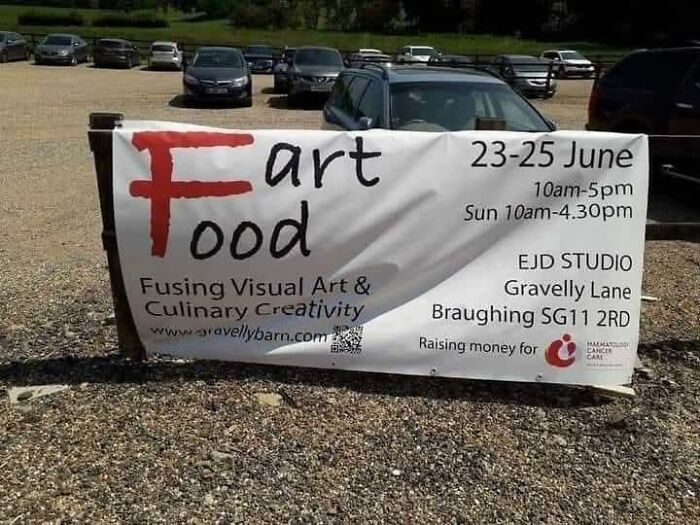Outdoor banner for Art Food event poorly designed to accidentally spell Fart Food.