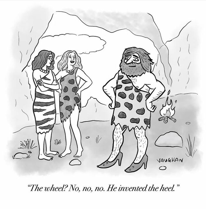 Caveman comedy comic showing invention of the heel instead of the wheel