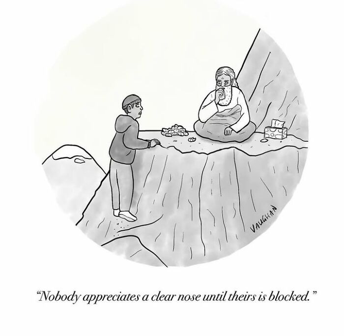 Man talking to a meditating sage on a mountain in a comedy comic