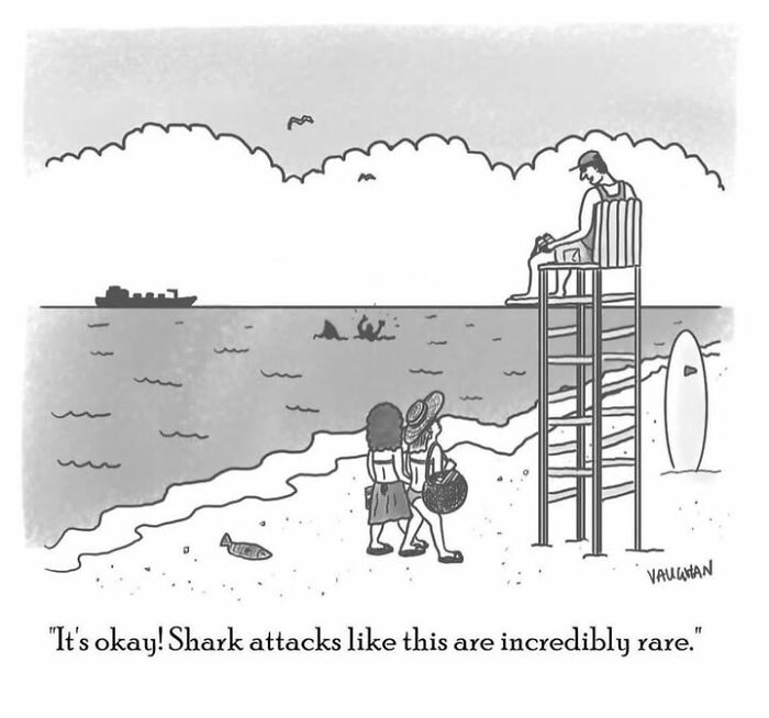 Beach comedy comic with lifeguard and rare shark attack reassurance