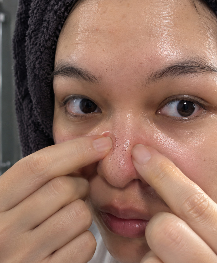 Close-up of a person squeezing black spots on their nose with fingers Close-up of a person squeezing black spots on their nose with fingers