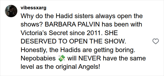 Comment criticizing Hadid sisters opening Victoria's Secret shows calling for Barbara Palvin to open Comment criticizing Hadid sisters opening Victoria's Secret shows calling for Barbara Palvin to open