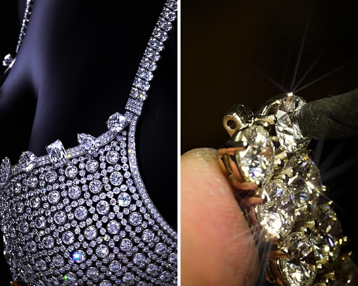 Close-up of Victoria's Secret sparkling diamond bra details and craftsmanship Close-up of Victoria's Secret sparkling diamond bra details and craftsmanship