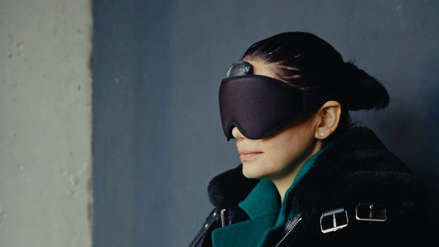 Researcher wearing sensory deprivation mask for darkness experiment Researcher wearing sensory deprivation mask for darkness experiment