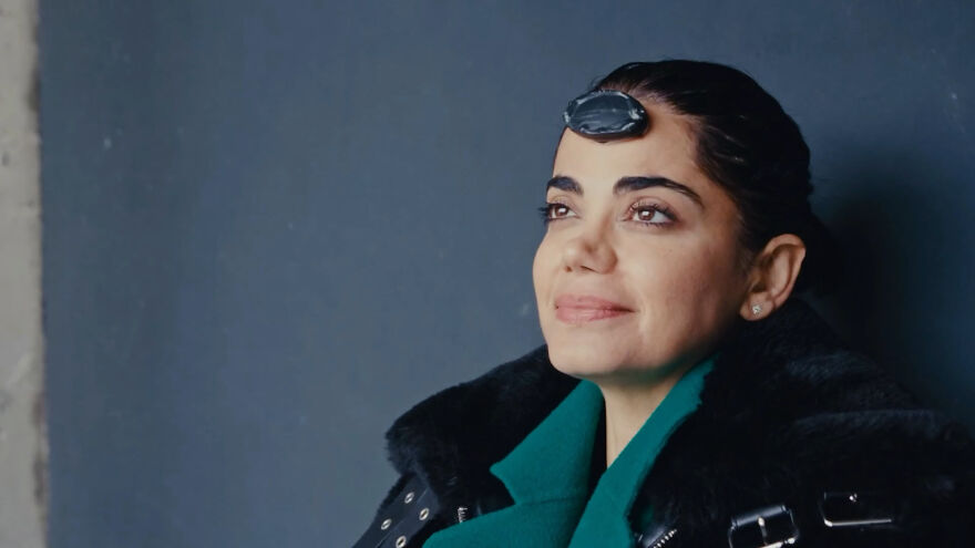Researcher with sensory deprivation mask on forehead reflecting Researcher with sensory deprivation mask on forehead reflecting