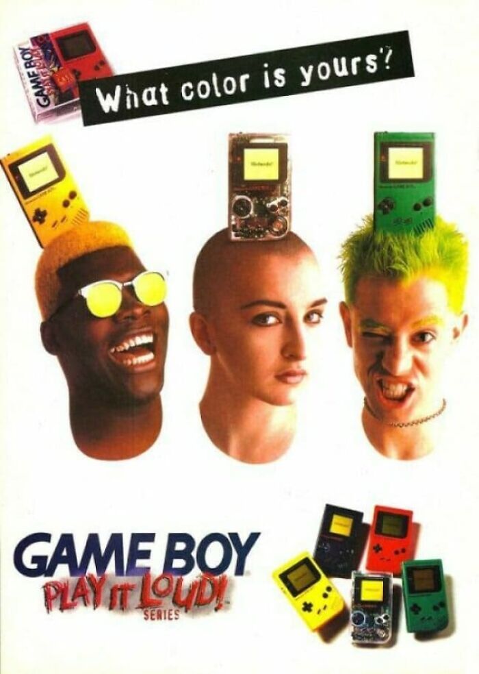 Game Boy Play It Loud series ad showing colorful Game Boys on heads