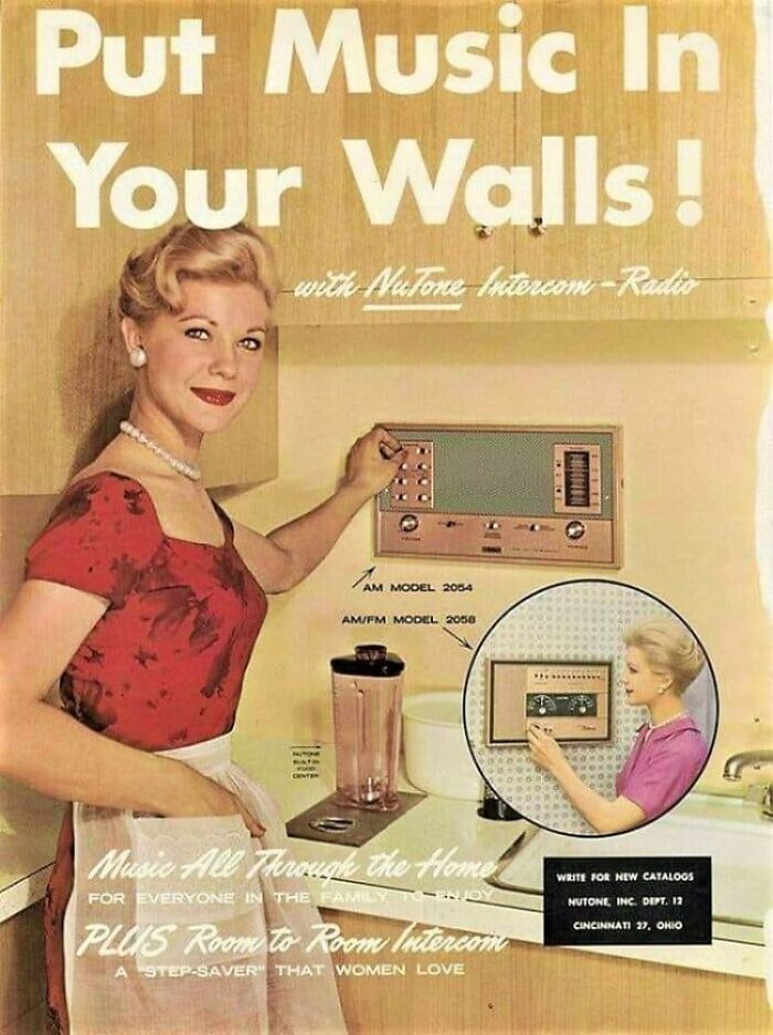 Vintage ad for NuTone intercom-radio with woman demonstrating wall-mounted device