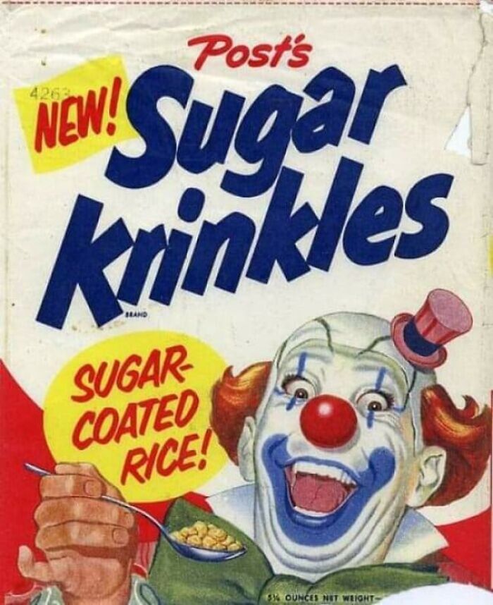 Post's Sugar Krinkles cereal box with clown holding a spoonful of sugar-coated rice