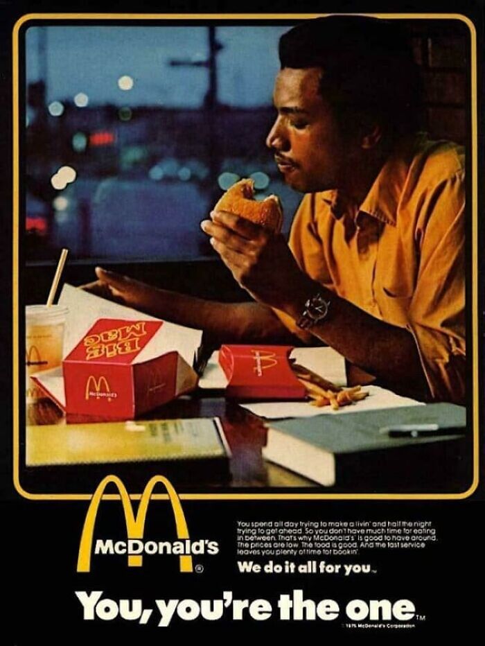 Retro McDonald's Big Mac ad showing man eating burger with packaging on table