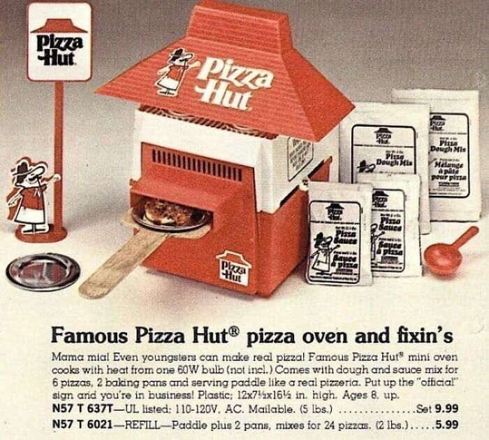 Old Pizza Hut mini pizza oven toy ad with dough, pans, and pizza sauce.