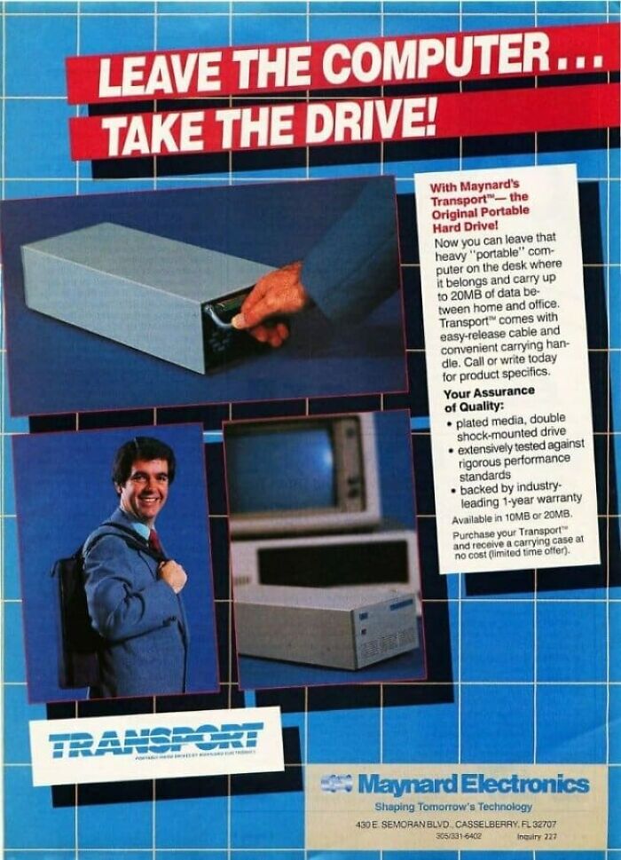 Old Maynard Electronics portable hard drive advertisement with man carrying device