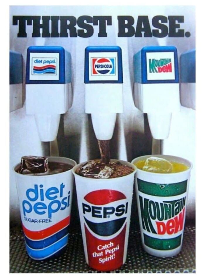 Retro soft drink dispenser ad showing Diet Pepsi, Pepsi, and Mountain Dew cups.