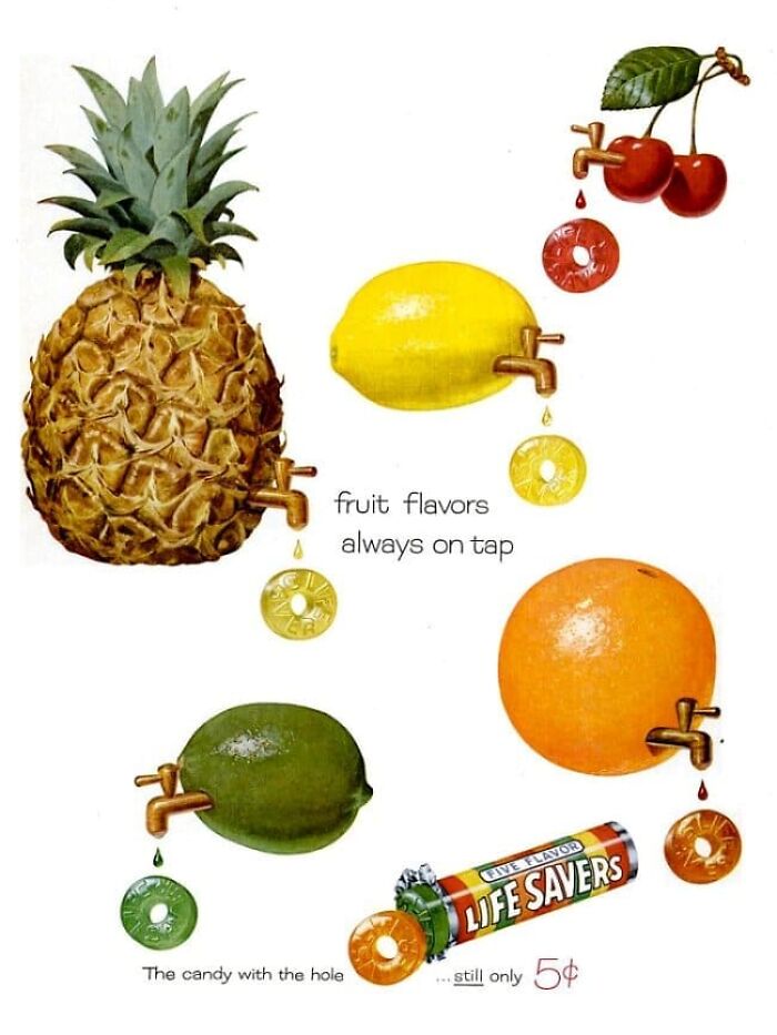 Vintage Life Savers candy ad with fruit shapes and taps dripping candy flavors.