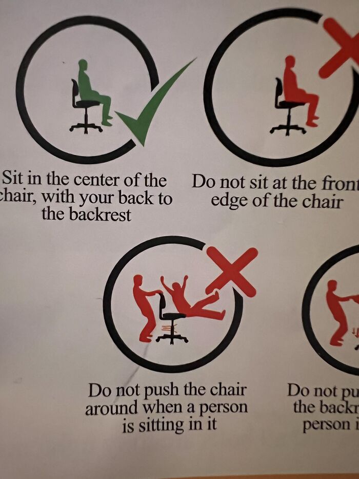 Absurd chair safety poster with funny warning diagrams about sitting properly