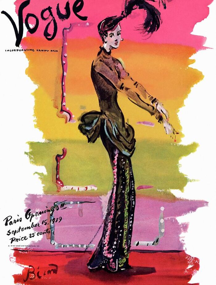Vintage Vogue cover displaying an elegant fashion illustration of a woman in a long gown against colorful background.