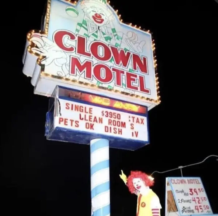 A glowing Clown Motel sign at night, featured as one of many cursed images.