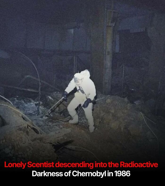 Person in protective suit exploring radioactive dark ruins, part of cursed images collection