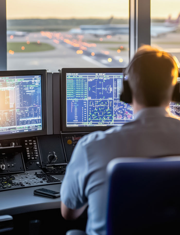 Air traffic controller monitoring flight data on screens in critical job