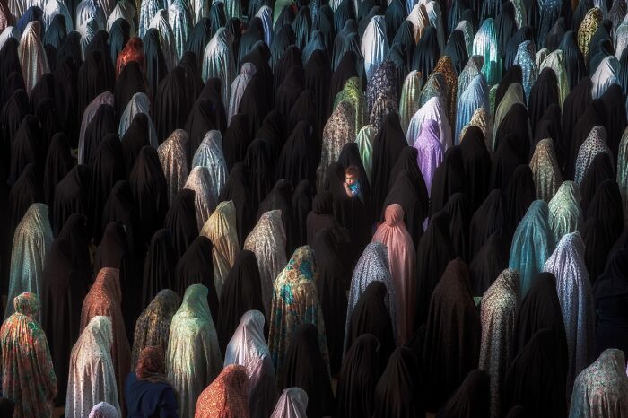 Crowd of women wearing colorful and black chadors at a cultural gathering photo awards
