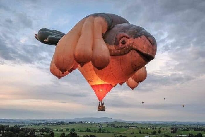 A bizarre hot air balloon shaped like a whale-hybrid beast, a unique example of public art in the sky.