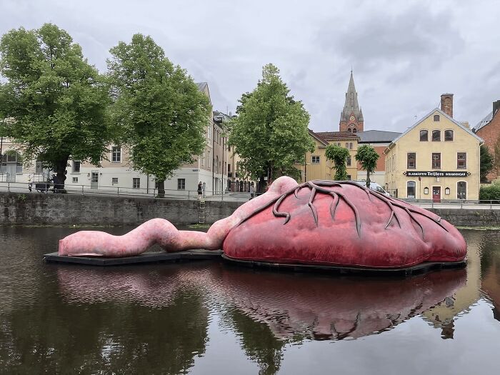 An example of bizarre public art featuring a giant anatomically shaped heart floating on water.