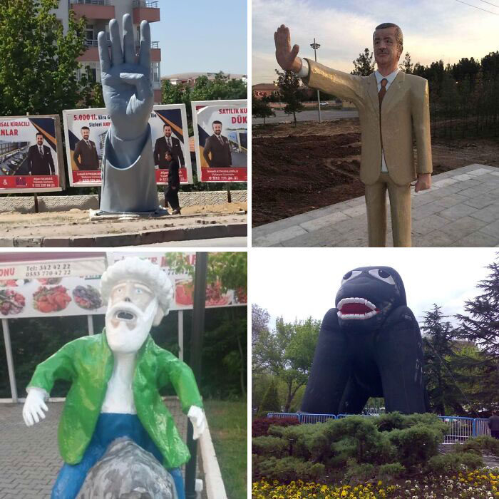 A grid of four bizarre Turkish public art examples including statues and inflatables.