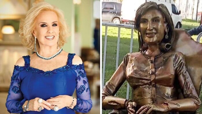 A side-by-side comparison of a woman and her bizarre bronze statue public art piece.