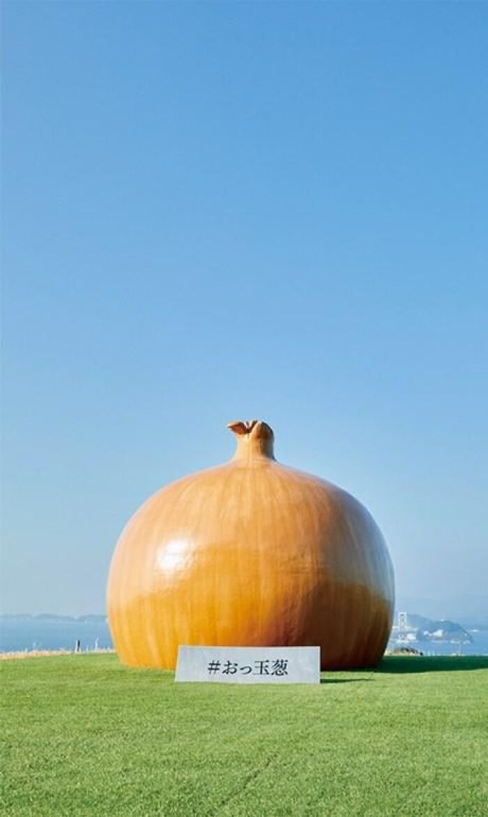 A giant onion statue situated on a grassy hill as a unique piece of public art.