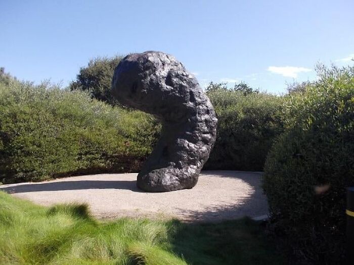 A curved, dark grey, textured stone sculpture in a clearing surrounded by green bushes. Bizarre public art.