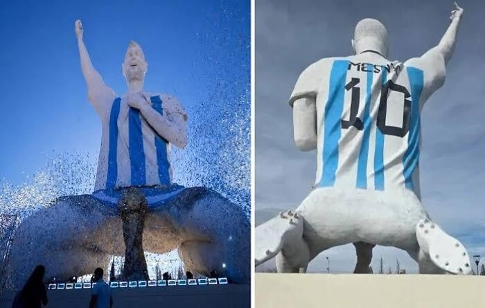 A giant statue of Lionel Messi on his knees, representing an unusual example of public art.
