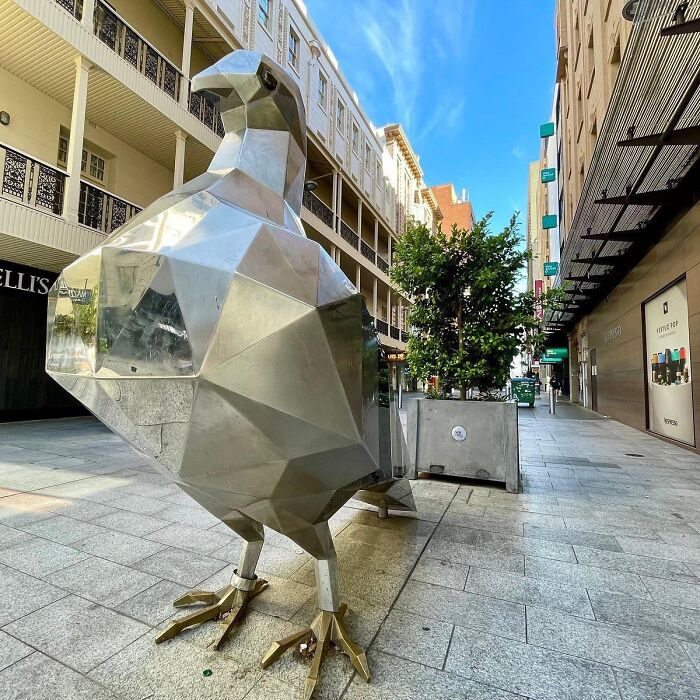A geometric, faceted chrome pigeon statue standing in a pedestrian mall as public art in Australia.