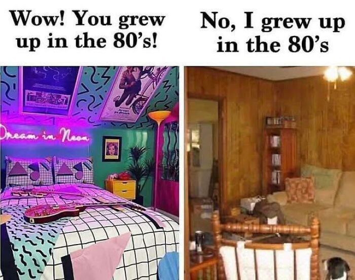 Split image comparing a neon aesthetic to a wood-paneled room, showing nostalgic photos for 80s kids.