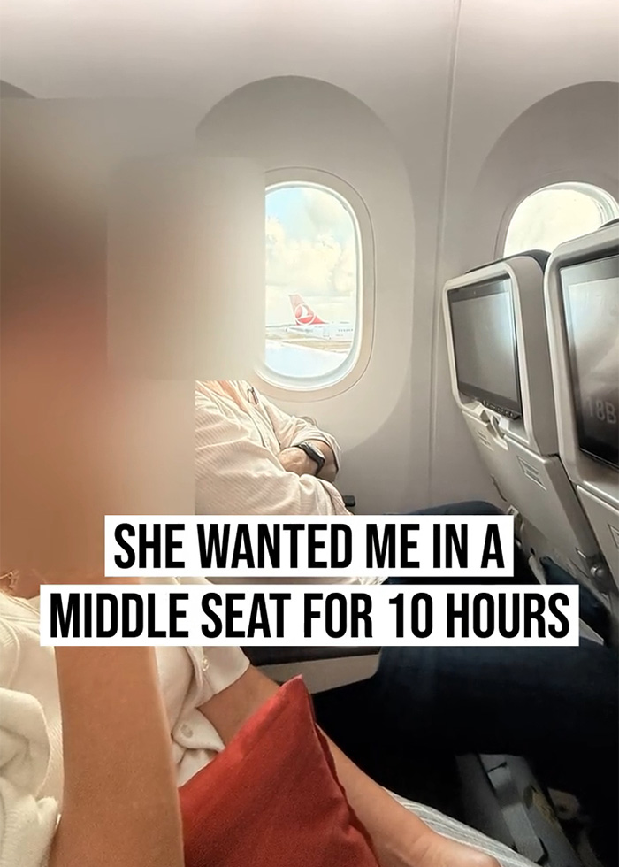 Middle seat on plane with text about 10 hour flight
