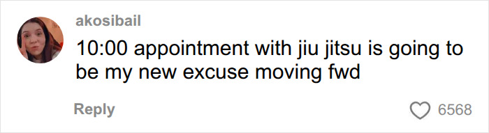 User comment laughing about a jiu jitsu excuse used when a man stands woman up on first date.