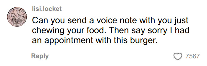 A comment suggestion for a bizarre voice message about chewing food