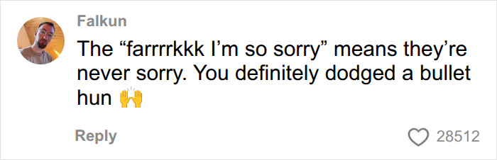 Social media comment by Falkun saying you dodged a bullet after a man stands woman up.