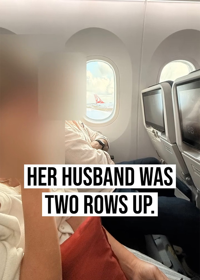 Woman sitting two rows away from husband on plane