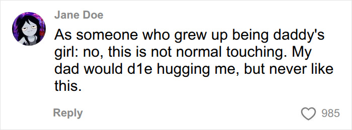 User Jane Doe commenting on boundaries in a close bond with dad, raising concerns about the embrace.