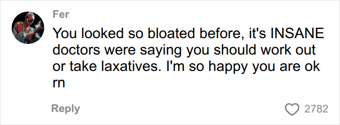 Social media comment discussing how bloated a woman looked before fixing her belly issue. Social media comment discussing how bloated a woman looked before fixing her belly issue.
