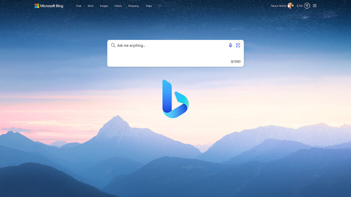 Microsoft Bing search engine homepage with mountain background