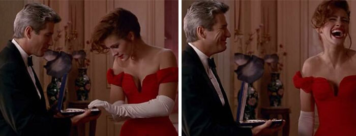 Richard Gere showing Julia Roberts a necklace box in a classic scene featuring famous movie props.
