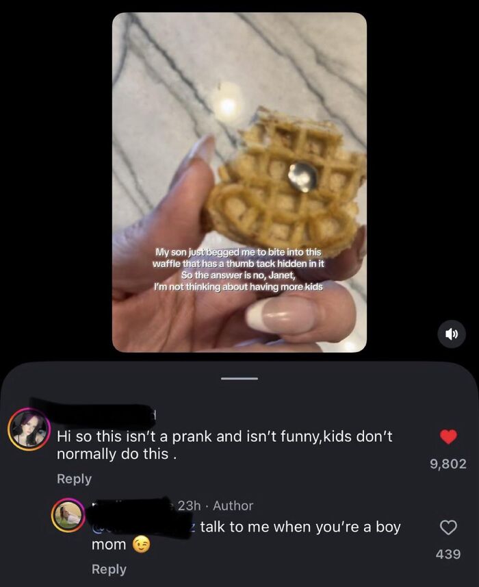 A person holding a waffle with a thumb tack in it next to funny comments, illustrating absurd moments at home.
