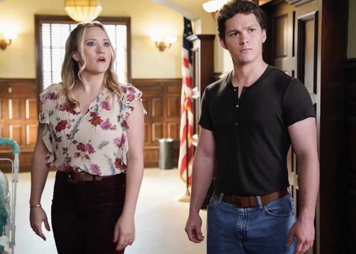 Young Sheldon star Emily Osment and co-star Montana Jordan in a scene from the show looking surprised Young Sheldon star Emily Osment and co-star Montana Jordan in a scene from the show looking surprised