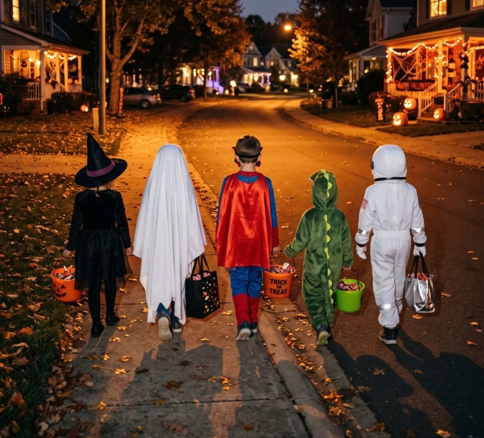 Children in Halloween costumes trick-or-treating on a suburban street at night