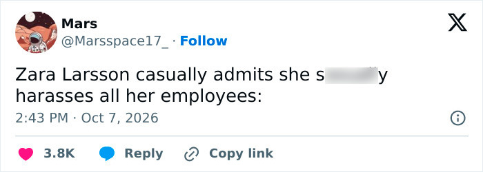 Tweet accusing Zara Larsson of workplace harassment regarding her employees. Tweet accusing Zara Larsson of workplace harassment regarding her employees.