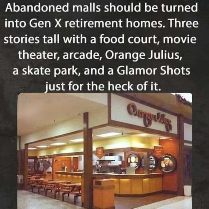 Vintage Orange Julius store in a shopping mall court, evoking nostalgic photos from 80s kids.