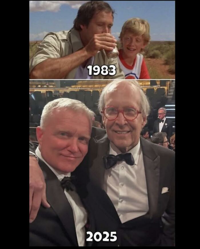 Comparison photo showing Chevy Chase and Anthony Michael Hall in 1983 and present day, a nod to '80s kids.