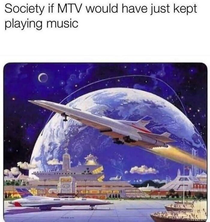 Futuristic sci-fi art of a spaceship taking off, paired with text about MTV in 80s kids childhoods nostalgic photos.