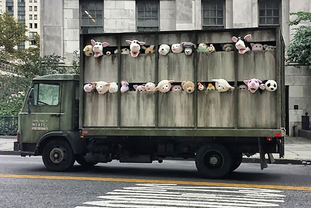 Banksy’s Plush Animal Slaughterhouse Truck In NY Highlights Animal Cruelty